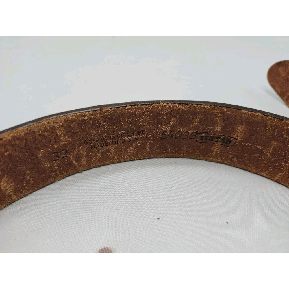 Western Tooled Leather Belt Silver Buckle Size 32 Brown